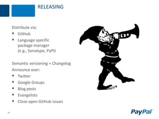 17
RELEASING
Distribute via:
 GitHub
 Language specific
package manager
(e.g., Sonatype, PyPI)
Semantic versioning + Changelog
Announce over:
 Twitter
 Google Groups
 Blog posts
 Evangelists
 Close open GitHub issues
 