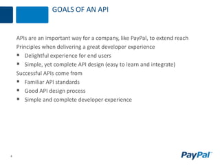 4
GOALS OF AN API
APIs are an important way for a company, like PayPal, to extend reach
Principles when delivering a great developer experience
 Delightful experience for end users
 Simple, yet complete API design (easy to learn and integrate)
Successful APIs come from
 Familiar API standards
 Good API design process
 Simple and complete developer experience
 