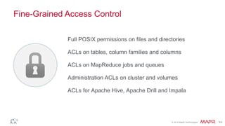 © 2014 MapR Technologies 24 
Fine-Grained Access Control 
Full POSIX permissions on files and directories 
ACLs on tables, column families and columns 
ACLs on MapReduce jobs and queues 
Administration ACLs on cluster and volumes 
ACLs for Apache Hive, Apache Drill and Impala 
 