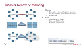 © 2014 MapR Technologies 27 
Disaster Recovery: Mirroring 
• Flexible 
– Choose the volumes/directories to mirror 
– You don’t need to mirror the entire cluster 
– Active/active 
• Fast 
– No performance impact 
– Block-level (8KB) deltas 
– Automatic compression 
Production Research 
Production 
WAN 
Datacenter 1 Datacenter 2 
WAN EC2 
 