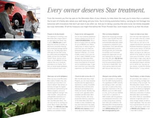 Every owner deserves Star treatment.
From the moment you first lay eyes on the Mercedes-Benz of your dreams, to miles down the road, you’re more than a customer.  
You’re part of a family who values your well-being and your time. You’re driving automotive history, carrying its rich heritage into
tomorrow with innovations that don’t yet exist in any other car. And you’re taking a journey that aims to be not merely enjoyable
but truly memorable. Of all the treasures one might find behind the Three-Pointed Star, none means more to us than the driver.

Prepare to be fascinated.

Expect to be well-supported.

Plan on being delighted.

Count on help at any time.

The experience of driving a new
Mercedes-Benz begins before
you get behind the wheel. Pay
a visit to MBUSA.com to learn
about the full line of models, as
well as the innovative thinking
and unmatched heritage behind
every one. The Mercedes-Benz
USA apps for the iPad® bring
you useful tools and enlightening
videos, all free from the Apple
iTunes® Store. And be sure to
check out the MBUSA YouTube
channel, like us on Facebook,
and follow us on Twitter. You’ll
find our social media addresses
on this brochure’s back cover.

Our 24‑hour Customer Assistance
Center is always here for you at
1‑800‑FOR‑MERCEDES. And a
library of owner tools are waiting
for you at MBUSA.com: Watch
helpful how-to videos to get the
most from your car’s features.
Download a digital copy of your
Operator’s Manual — or in most
models, access it from your car
on the in-dash COMAND screen.
Manage your Mercedes-Benz
Financial Services account and
enjoy many features of mbrace®
via our smartphone apps. To get
even more from your ownership
experience, join Owners Online.

Beyond the reassuring coverage
of the 4‑year/50,000‑mile New
Vehicle Limited Warranty,24 your
authorized Mercedes-Benz dealer
is prepared to outperform your
expectations. From well-informed
sales professionals to service
technicians who are continually
re‑certified, you’ll encounter
people who appreciate not just
your business but the value of
your time. We call it My Service,
and you’ll feel it in everything
from the personalized attention
to the free in‑dealer WiFi. Topnotch service starts and ends
with how we take care of you.

Even the most well-engineered
car can suffer a flat tire, a dead
battery or an empty fuel tank.
That’s why you can rely on the
original manufacturer-sponsored
Roadside Assistance Program to
come to your rescue. It’s still the
only such service that doesn’t
expire, as long as you take your
vehicle to the dealer for service
once every 18 months.21 At any
time of day or night, every day of
the year, our expert technicians
and dedicated support vehicles
are on call for you. Just pick up
your phone, or press the mbrace
Wrench button11 in your vehicle.

Meet your car at its birthplace.

Travel in style across the U.S.

Sharpen your driving skills.

Touch history, or take it home.

When you buy a new MercedesBenz (select models only), why
not savor your first drive in its
natural habitat? Take delivery in
Germany through the original
manufacturer-sponsored tourist
delivery program, and you’ll
receive significant savings25 and
other benefits — along with the
unforgettable experience of a
European vacation with your
own new Mercedes-Benz. You
can even opt for an exciting and
scenic Black Forest—Alps Rally
Package. Visit MBUSA.com/edp
to learn more about European
Delivery and available models.

With the Mercedes-Benz Hotel
Program, you can enjoy exclusive
benefits and the opportunity to
experience a variety of available
Mercedes-Benz vehicles while
staying at participating luxury
hotels and resorts. Benefits may
include room upgrades (when
available) and Mercedes-Benz
courtesy shuttles, with many
properties offering a selection
of the latest Mercedes-Benz
models to drive. Availability may
vary and restrictions may apply,
so please visit Owners Online at
MBUSA.com/owners to learn
more about the Hotel Program.

An open invitation to enthusiasts
from the AMG Driving Academy:
The capabilities of AMG vehicles
are waiting to meet — and raise — 
your own on some of the most
legendary racetracks in the U.S.
Whether you’re an AMG owner
or a fan, you’ll push your abilities
to the limit in a selection of
AMG models, with the guidance
of professional instructors. And
to help young drivers develop
their skills and confidence, the
Mercedes-Benz Driving Academy
offers a unique coaching approach.
Visit AMGacademy.com and
MB-drivingacademy.com.

No automaker has a deeper, or
more enthralling, heritage than
the inventor of the car itself. The
Mercedes-Benz Classic Center
in Irvine, CA, lets you experience
some of the illustrious highlights
for yourself. In addition to the
meticulous restoration of classic
Mercedes-Benz automobiles,
the center offers an unparalleled
selection of genuine parts for
many vintage models, as well as
expert appraisals. They can even
host a special event for your car
club or other group. Learn more
at MBUSA.com/classic or call
1‑866‑MB-CLASSIC.

 
