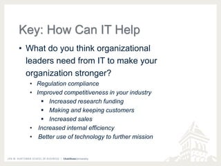 Key: How Can IT Help 
• What do you think organizational 
leaders need from IT to make your 
organization stronger? 
• Regulation compliance 
• Improved competitiveness in your industry 
 Increased research funding 
 Making and keeping customers 
 Increased sales 
• Increased internal efficiency 
• Better use of technology to further mission 
 
