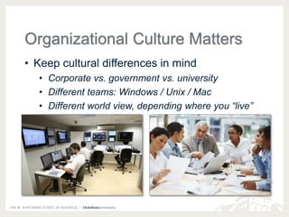 Organizational Culture Matters 
• Keep cultural differences in mind 
• Corporate vs. government vs. university 
• Different teams: Windows / Unix / Mac 
• Different world view, depending where you “live” 
 