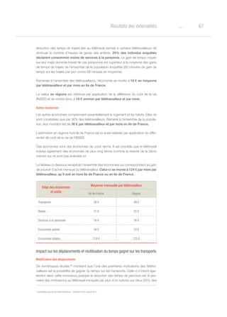 67oRésultats des externalités
réduction des temps de trajets liée au télétravail permet à certains télétravailleurs de
diminuer le nombre d’heures de garde des enfants. 24% des individus enquêtés
déclarent consommer moins de services à la personne. Le gain de temps moyen
sur leur trajet domicile-travail de ces personnes est supérieur à la moyenne des gains
de temps de trajets de l’ensemble de la population enquêtée (82 minutes de gain de
temps sur les trajets par jour contre 68 minutes en moyenne).
Ramenée à l’ensemble des télétravailleurs, l’économie se monte à 18 € en moyenne
par télétravailleur et par mois en Ile de France.
La valeur en régions est obtenue par application de la différence du coût de la vie
(INSEE) et se monte donc à 16 € environ par télétravailleur et par mois.
Autres économies
Les autres économies comprennent essentiellement le logement et les habits. Elles ne
sont constatées que par 30% des télétravailleurs. Ramené à l’ensemble de la popula-
tion, leur montant est de 36 € par télétravailleur et par mois en Ile de France.
L’estimation en régions hors Ile de France est ici aussi réalisée par application du diffé-
rentiel de coût de la vie de l’INSEE.
Ces économies sont des économies de court terme. Il est possible que le télétravail
induise également des économies de plus long terme (comme la revente de la 2ème
voiture) qui ne sont pas évaluées ici.
Le tableau ci-dessous récapitule l’ensemble des économies qui correspondent au gain
de pouvoir d’achat mensuel du télétravailleur. Celui-ci se monte à 124 € par mois par
télétravailleur, qu’il soit en hors Ile de France ou en Ile de France.
Bilan des économies
et coûts
Moyenne mensuelle par télétravailleur
Ile de France Région
Transports 39 € 49 €
Repas 31 € 25 €
Services à la personne 18 € 16 €
Economies autres 36 € 33 €
Economies totales 124 € 123 €
Impact sur les déplacements et réutilisation du temps gagné sur les transports
Modification des déplacements
De nombreuses études 36
montrent que l’une des premières motivations des télétra-
vailleurs est la possibilité de gagner du temps sur les transports. Celle-ci s’inscrit éga-
lement dans cette mouvance puisque la réduction des temps de parcours est la pre-
mière des motivations au télétravail invoquée par plus d’un individu sur deux (55% des
36
OpinionWay pour les Nouvelles Parisiennes - Décembre 2010, Obergo 2012
 