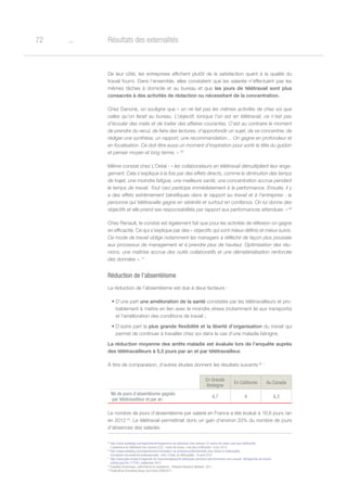 o72 Résultats des externalités
De leur côté, les entreprises affichent plutôt de la satisfaction quant à la qualité du
travail fourni. Dans l’ensemble, elles constatent que les salariés n’effectuent pas les
mêmes tâches à domicile et au bureau et que les jours de télétravail sont plus
consacrés à des activités de rédaction ou nécessitant de la concentration.
Chez Danone, on souligne que « on ne fait pas les mêmes activités de chez soi que
celles qu’on ferait au bureau. L’objectif, lorsque l’on est en télétravail, ce n’est pas
d’écouler des mails et de traiter des affaires courantes. C’est au contraire le moment
de prendre du recul, de faire des lectures, d’approfondir un sujet, de se concentrer, de
rédiger une synthèse, un rapport, une recommandation… On gagne en profondeur et
en focalisation. Ce doit être aussi un moment d’inspiration pour sortir la tête du guidon
et penser moyen et long terme. » 39
Même constat chez L’Oréal : « les collaborateurs en télétravail démultiplient leur enga-
gement. Cela s’explique à la fois par des effets directs, comme la diminution des temps
de trajet, une moindre fatigue, une meilleure santé, une concentration accrue pendant
le temps de travail. Tout ceci participe immédiatement à la performance. Ensuite, il y
a des effets extrêmement bénéfiques dans le rapport au travail et à l’entreprise : la
personne qui télétravaille gagne en sérénité et surtout en confiance. On lui donne des
objectifs et elle prend ses responsabilités par rapport aux performances attendues. »40
Chez Renault, le constat est également fait que pour les activités de réflexion on gagne
en efficacité. Ce qui s’explique par des « objectifs qui sont mieux définis et mieux suivis.
Ce mode de travail oblige notamment les managers à réfléchir de façon plus poussée
aux processus de management et à prendre plus de hauteur. Optimisation des réu-
nions, une maîtrise accrue des outils collaboratifs et une dématérialisation renforcée
des données ». 41
Réduction de l’absentéisme
La réduction de l’absentéisme est due à deux facteurs :
•	D’une part une amélioration de la santé constatée par les télétravailleurs et pro-
bablement à mettre en lien avec le moindre stress (notamment lié aux transports)
et l’amélioration des conditions de travail ;
•	D’autre part la plus grande flexibilité et la liberté d’organisation du travail qui
permet de continuer à travailler chez soi dans le cas d’une maladie bénigne.
La réduction moyenne des arrêts maladie est évaluée lors de l’enquête auprès
des télétravailleurs à 5,5 jours par an et par télétravailleur.
À titre de comparaison, d’autres études donnent les résultats suivants 42
:
En Grande
Bretagne
En Californie Au Canada
Nb de jours d’absentéisme gagnés
par télétravailleur et par an
4,7 4 6,3
Le nombre de jours d’absentéisme par salarié en France a été évalué à 16,6 jours /an
en 2012 43
. Le télétravail permettrait donc un gain d’environ 33% du nombre de jours
d’absences des salariés.
39
http://www.eveleblog.com/experimenter/lexperience-du-teletravail-chez-danone-22-moins-de-stress-cest-plus-defficacite/,
L’expérience du télétravail chez Danone (2/2) : moins de stress, c’est plus d’efficacité ! 4 juin 2012
40
http://www.eveleblog.com/experimenter/conciliation-vie-priveevie-professionnelle-chez-loreal-on-teletravaille/,
Conciliation vie privée/vie professionnelle : chez L’Oréal, on télétravaille!, 10 avril 2012
41
http://www.pole-emploi.fr/region/ile-de-france/employeur/le-teletravail-comment-cela-fonctionne-chez-renault--@/region/ile-de-france/
irarticle.jspz?id=177291, septembre 2013
42
Enquêtes britannique, californienne et canadienne, Telework Research Network, 2011
43
Etude Alma Consulting Group, les Echos 5/09/2013
 