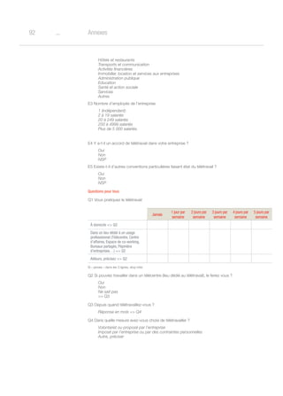 o92 Annexes
Hôtels et restaurants
Transports et communication
Activités financières
Immobilier, location et services aux entreprises
Administration publique
Education
Santé et action sociale
Services
Autres
E3 Nombre d’employés de l’entreprise
1 (indépendant)
2 à 19 salariés
20 à 249 salariés
250 à 4999 salariés
Plus de 5 000 salariés.
E4 Y a-t-il un accord de télétravail dans votre entreprise ?
Oui
Non
NSP
E5 Existe-t-il d’autres conventions particulières faisant état du télétravail ?
Oui
Non
NSP
Questions pour tous
Q1 Vous pratiquez le télétravail
Jamais
1 jour par
semaine
2 jours par
semaine
3 jours par
semaine
4 jours par
semaine
5 jours par
semaine
à domicile = Q2
Dans un lieu dédié à un usage
professionnel (Télécentre, Centre
d’affaires, Espace de co-working,
Bureaux partagés, Pépinière
d’entreprises…) = Q2
Ailleurs, précisez = Q2
Si « jamais » dans les 3 lignes, stop inter
Q2 Si pouviez travailler dans un télécentre (lieu dédié au télétravail), le feriez vous ?
Oui
Non
Ne sait pas
= Q3
Q3 Depuis quand télétravaillez-vous ?
Réponse en mois = Q4
Q4 Dans quelle mesure avez-vous choisi de télétravailler ?
Volontariat ou proposé par l’entreprise
Imposé par l’entreprise ou par des contraintes personnelles
Autre, préciser
 