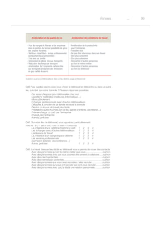 99oAnnexes
Amélioration de la qualité de vie Amélioration des conditions de travail
- Plus de marges de libertés et de souplesse
dans la gestion du temps (possibilité de gérer
ses propres horaires)
- Meilleure répartition « temps professionnels/
sociaux/familiaux/ personnels »
- Etre avec sa famille
- Diminution du stress liés aux transports
- Réduction des temps de transport
- Amélioration de l’empreinte carbone liée
aux transports (réduction des émissions
de gaz à effet de serre)
- Amélioration de la productivité
pour l’entreprise
- Travailler seul
- Ne pas être interrompu dans son travail
- Etre plus concentré
- Etre plus autonome
- Rencontrer d’autres personnes
qui font le même métier
- Rencontrer d’autres personnes
qui font du télétravail
Questions quali pour télétravailleurs dans un lieu dédié à usage professionnel
Q42 Pour quelles raisons avez-vous choisi le télétravail en télécentre ou dans un autre
lieu qui n’est pas votre domicile ? Plusieurs réponses possibles
Pas assez d’espace pour télétravailler chez moi
Conditions matérielles meilleures (informatique…)
Moins d’isolement
Echanges professionnels avec d’autres télétravailleurs
Difficultés à concilier vie de famille et travail à domicile
Gestion du temps de travail plus facile
Prestations autres fournies par ce lieu (garde d’enfants, secrétariat…)
Prise en charge du coût par l’entreprise
Imposé par l’entreprise
Autre(s), précisez
Q45. Sur votre lieu de télétravail, vous appréciez particulièrement
(notez de 1 à 4, 1= pas du tout 2 = peu 3= assez 4 = beaucoup)
La présence d’une cafétéria/machine à café 1 2 3 4
Les échanges avec d’autres télétravailleurs 1 2 3 4
L’ambiance de travail 1 2 3 4
La présence d’un lounge/espace détente 1 2 3 4
Les services professionnels 1 2 3 4
(connexion internet, visoconférence…)
Autres, précisez 1 2 3 4
	
Q46. Le travail dans un lieu dédié au télétravail vous a permis de nouer des contacts
Avec des personnes qui ont le même métier que vous...........................oui/non
Avec des personnes avec qui vous pourriez être amené à collaborer......oui/non
Avec des clients potentiels.....................................................................oui/non
Avec des fournisseurs potentiels............................................................oui/non
Avec des personnes que vous avez recrutées / allez recruter.................oui/non
Avec des personnes qui vous ont recruté/ qui vont vous recruter...........oui/non
Avec des personnes avec qui j’ai établi une relation personnelle............oui/non
 