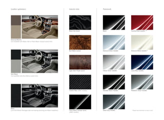 Ash/Black
(not available with Burl Walnut wood trim)
Diamond White metallic29
Cardinal Red metallic1,29
Iridium Silver metallic Lunar Blue metallic
Palladium Silver metallic
Diamond Silver metallic
Steel Grey metallic
Obsidian Black metallic
Black
Almond/Mocha
(not available with Black Ash or Piano Black Lacquer wood trim)
Light Satin Poplar wood
Carbon fiber (AMG models)
Burl Walnut wood
Piano Black Lacquer wood
(AMG models)
Black Ash wood
Black
(CLS 550 Wheel Packages add contrasting stitching and Black headliner)
Interior trim. Paintwork.Leather upholstery.
Please see endnotes on back cover.
 