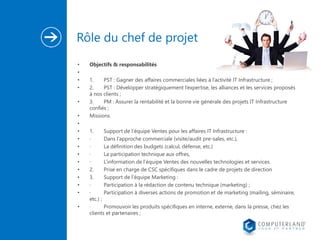 Rôle du chef de projet 
• Objectifs & responsabilités 
• 
• 1. PST : Gagner des affaires commerciales liées à l’activité IT Infrastructure ; 
• 2. PST : Développer stratégiquement l’expertise, les alliances et les services proposés 
à nos clients ; 
• 3. PM : Assurer la rentabilité et la bonne vie générale des projets IT Infrastructure 
confiés ; 
• Missions 
• 
• 1. Support de l’équipe Ventes pour les affaires IT Infrastructure : 
• · Dans l’approche commerciale (visite/audit pre-sales, etc.), 
• · La définition des budgets (calcul, défense, etc.) 
• · La participation technique aux offres, 
• · L’information de l’équipe Ventes des nouvelles technologies et services. 
• 2. Prise en charge de CSC spécifiques dans le cadre de projets de direction 
• 3. Support de l’équipe Marketing : 
• · Participation à la rédaction de contenu technique (marketing) ; 
• · Participation à diverses actions de promotion et de marketing (mailing, séminaire, 
etc.) ; 
• · Promouvoir les produits spécifiques en interne, externe, dans la presse, chez les 
clients et partenaires ; 
 