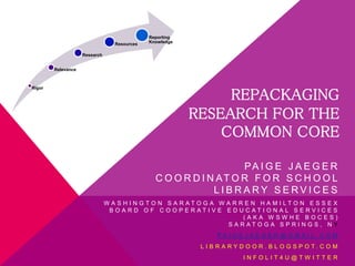 Rigor
Relevance
Research
Resources
Reporting
Knowledge
REPACKAGING
RESEARCH FOR THE
COMMON CORE
PA I G E J A E G E R
C O O R D I N AT O R F O R S C H O O L
L I B R A R Y S E R V I C E S
W A S H I N G T O N S A R A T O G A W A R R E N H A M I L T O N E S S E X
B O A R D O F C O O P E R A T I V E E D U C A T I O N A L S E R V I C E S
( A K A W S W H E B O C E S )
S A R A T O G A S P R I N G S , N Y
P A I G E J A E G E R @ G M A I L . C O M
L I B R A R Y D O O R . B L O G S P O T . C O M
I N F O L I T 4 U @ T W I T T E R
 