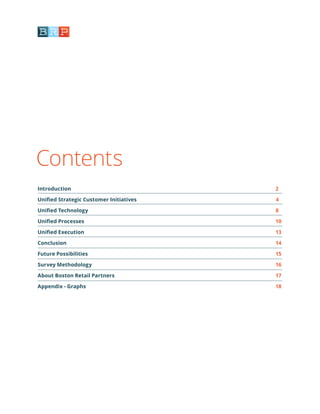 Contents
Introduction	 2
Unified Strategic Customer Initiatives	 4
Unified Technology	 8
Unified Processes	 10
Unified Execution	 13
Conclusion	 14
Future Possibilities	 15
Survey Methodology	 16
About Boston Retail Partners	 17
Appendix - Graphs	 18
 