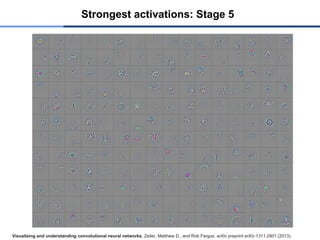 Strongest activations: Stage 5
Visualizing and understanding convolutional neural networks. Zeiler, Matthew D., and Rob Fergus. arXiv preprint arXiv:1311.2901 (2013).
 