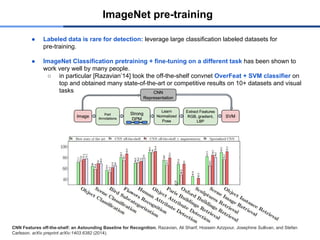 ImageNet pre-training
● Labeled data is rare for detection: leverage large classification labeled datasets for
pre-training.
● ImageNet Classification pretraining + fine-tuning on a different task has been shown to
work very well by many people.
○ in particular [Razavian’14] took the off-the-shelf convnet OverFeat + SVM classifier on
top and obtained many state-of-the-art or competitive results on 10+ datasets and visual
tasks
CNN Features off-the-shelf: an Astounding Baseline for Recognition. Razavian, Ali Sharif, Hossein Azizpour, Josephine Sullivan, and Stefan
Carlsson. arXiv preprint arXiv:1403.6382 (2014).
 