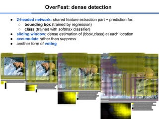 ● 2-headed network: shared feature extraction part + prediction for:
○ bounding box (trained by regression)
○ class (trained with softmax classifier)
● sliding window: dense estimation of (bbox,class) at each location
● accumulate rather than suppress
● another form of voting
OverFeat: dense detection
 