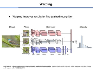 Warping
● Warping improves results for fine-grained recognition
Bird Species Categorization Using Pose Normalized Deep Convolutional Nets. Branson, Steve, Grant Van Horn, Serge Belongie, and Pietro Perona.
arXiv preprint arXiv:1406.2952 (2014).
 