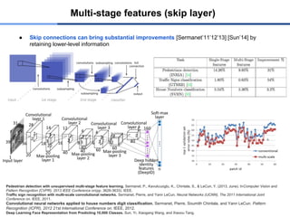 Multi-stage features (skip layer)
Pedestrian detection with unsupervised multi-stage feature learning. Sermanet, P., Kavukcuoglu, K., Chintala, S., & LeCun, Y. (2013, June). InComputer Vision and
Pattern Recognition (CVPR), 2013 IEEE Conference on(pp. 3626-3633). IEEE.
Traffic sign recognition with multi-scale convolutional networks. Sermanet, Pierre, and Yann LeCun. Neural Networks (IJCNN), The 2011 International Joint
Conference on. IEEE, 2011.
Convolutional neural networks applied to house numbers digit classification. Sermanet, Pierre, Soumith Chintala, and Yann LeCun. Pattern
Recognition (ICPR), 2012 21st International Conference on. IEEE, 2012.
Deep Learning Face Representation from Predicting 10,000 Classes. Sun, Yi, Xiaogang Wang, and Xiaoou Tang.
● Skip connections can bring substantial improvements [Sermanet’11’12’13] [Sun’14] by
retaining lower-level information
 