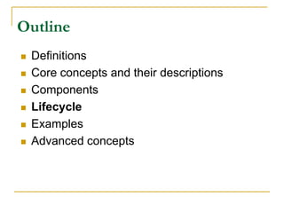 Outline
 Definitions
 Core concepts and their descriptions
 Components
 Lifecycle
 Examples
 Advanced concepts
 