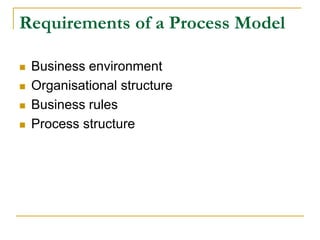 Requirements of a Process Model
 Business environment
 Organisational structure
 Business rules
 Process structure
 