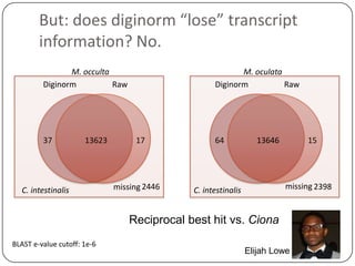 But: does diginorm “lose” transcript
information? No.
M. occulta
Diginorm
Raw

37

13623

C. intestinalis

M. oculata
Diginorm
Raw

17

missing 2446

64

13646

15

missing 2398

C. intestinalis

Reciprocal best hit vs. Ciona
BLAST e-value cutoff: 1e-6

Elijah Lowe

 