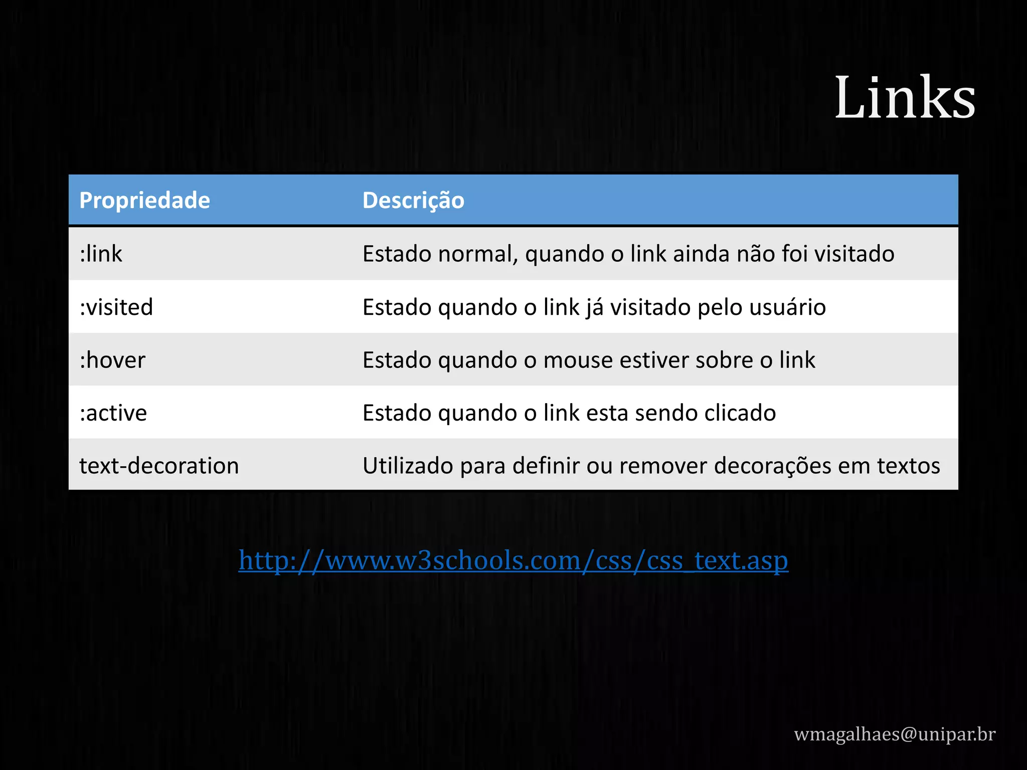 http://www.w3schools.com/css/css_text.asp
wmagalhaes@unipar.br
Links
Propriedade Descrição
:link Estado normal, quando o link ainda não foi visitado
:visited Estado quando o link já visitado pelo usuário
:hover Estado quando o mouse estiver sobre o link
:active Estado quando o link esta sendo clicado
text-decoration Utilizado para definir ou remover decorações em textos
 