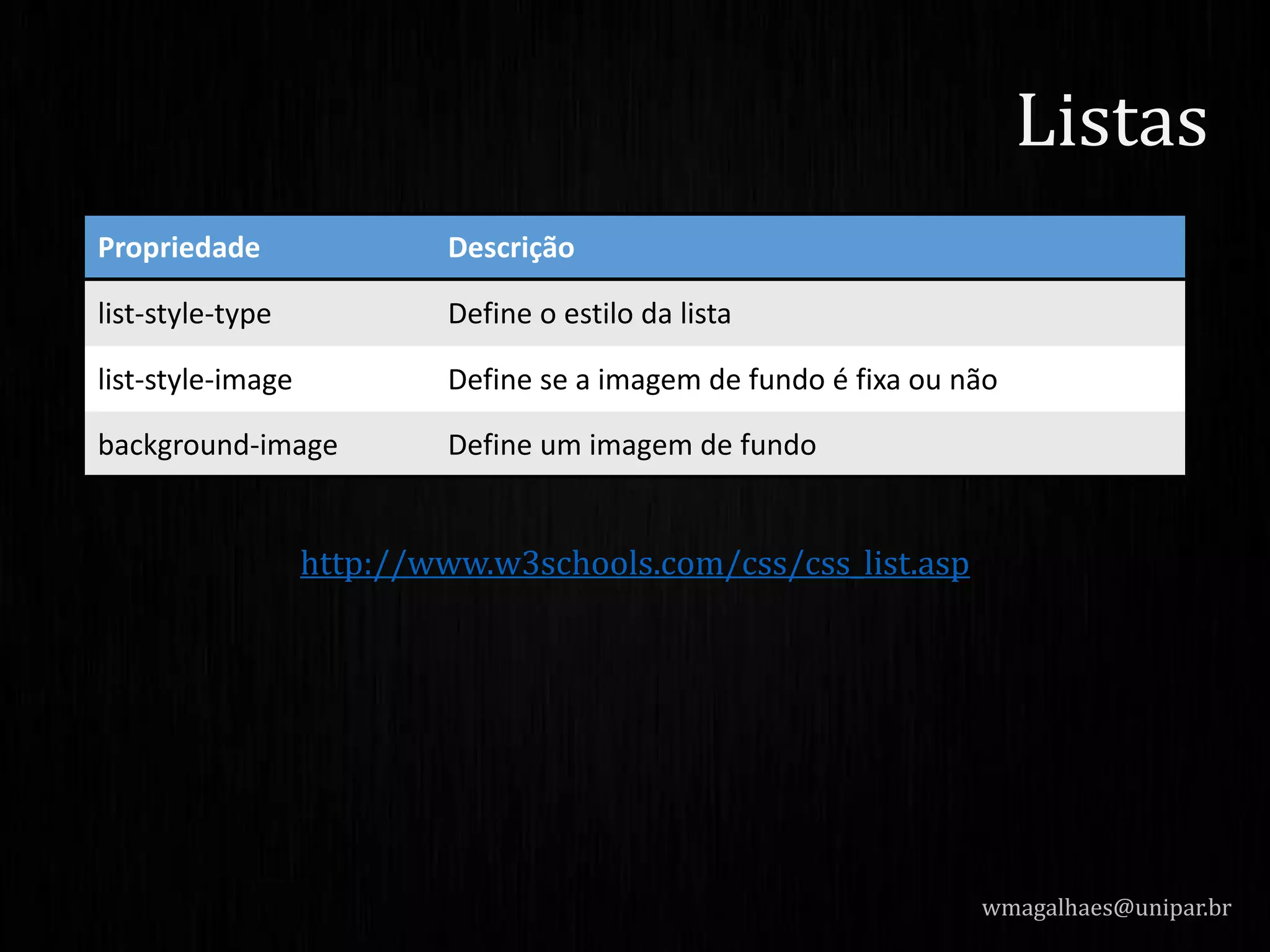 http://www.w3schools.com/css/css_list.asp
wmagalhaes@unipar.br
Listas
Propriedade Descrição
list-style-type Define o estilo da lista
list-style-image Define se a imagem de fundo é fixa ou não
background-image Define um imagem de fundo
 