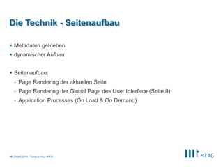 | 
Die Technik - Seitenaufbau 
Metadaten getrieben 
dynamischer Aufbau 
Seitenaufbau: 
-Page Rendering der aktuellen Seite 
-Page Rendering der Global Page des User Interface (Seite 0) 
-Application Processes (On Load & On Demand) 
DOAG 2014 - Tune Up Your APEX 
10  