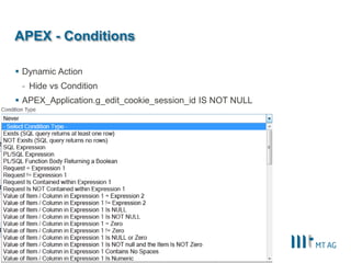 | 
APEX - Conditions 
Dynamic Action 
-Hide vs Condition 
APEX_Application.g_edit_cookie_session_id IS NOT NULL 
DOAG 2014 - Tune Up Your APEX 
19  