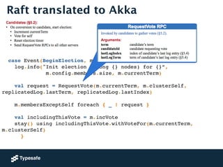 Raft translated to Akka 
! 
case Event(BeginElection, m: ElectionMeta) =>! 
log.info("Init election (among {} nodes) for {...