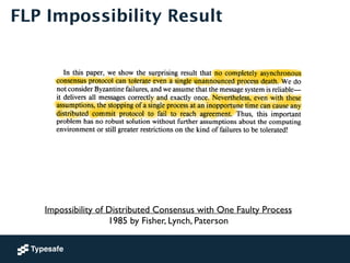 FLP Impossibility Result 
Impossibility of Distributed Consensus with One Faulty Process 
1985 by Fisher, Lynch, Paterson 
 