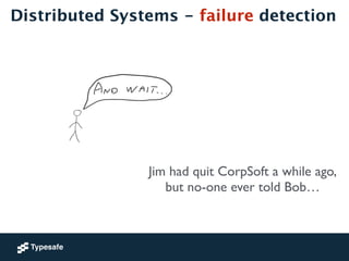 Distributed Systems - failure detection 
Jim had quit CorpSoft a while ago, 
but no-one ever told Bob… 
 