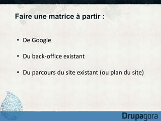 Faire une matrice à partir : 
• De Google 
• Du back-office existant 
• Du parcours du site existant (ou plan du site) 
 