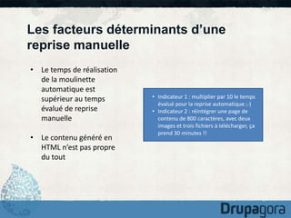 Les facteurs déterminants d’une 
reprise manuelle 
• Le temps de réalisation 
de la moulinette 
automatique est 
supérieur au temps 
évalué de reprise 
manuelle 
• Le contenu généré en 
HTML n’est pas propre 
du tout 
• Indicateur 1 : multiplier par 10 le temps 
évalué pour la reprise automatique ;-) 
• Indicateur 2 : réintégrer une page de 
contenu de 800 caractères, avec deux 
images et trois fichiers à télécharger, ça 
prend 30 minutes !! 
 