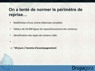 On a tenté de normer le périmètre de 
reprise… 
• Redéfinition d’une charte éditoriale complète 
• Tableur de 20 000 lignes de repositionnement des contenus 
• Identification des types de contenu cible 
• … 
 ~20 jours / homme d’accompagnement 
 