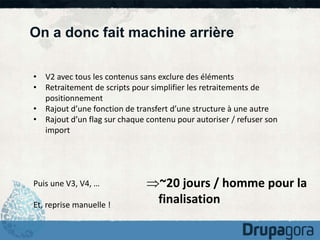 On a donc fait machine arrière 
• V2 avec tous les contenus sans exclure des éléments 
• Retraitement de scripts pour simplifier les retraitements de 
positionnement 
• Rajout d’une fonction de transfert d’une structure à une autre 
• Rajout d’un flag sur chaque contenu pour autoriser / refuser son 
import 
Puis une V3, V4, … 
Et, reprise manuelle ! 
~20 jours / homme pour la 
finalisation 
 
