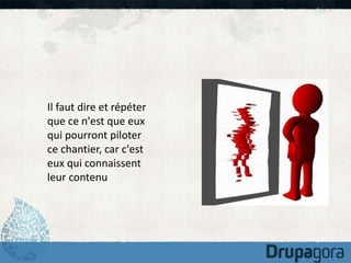 Il faut dire et répéter 
que ce n'est que eux 
qui pourront piloter 
ce chantier, car c'est 
eux qui connaissent 
leur contenu 
 