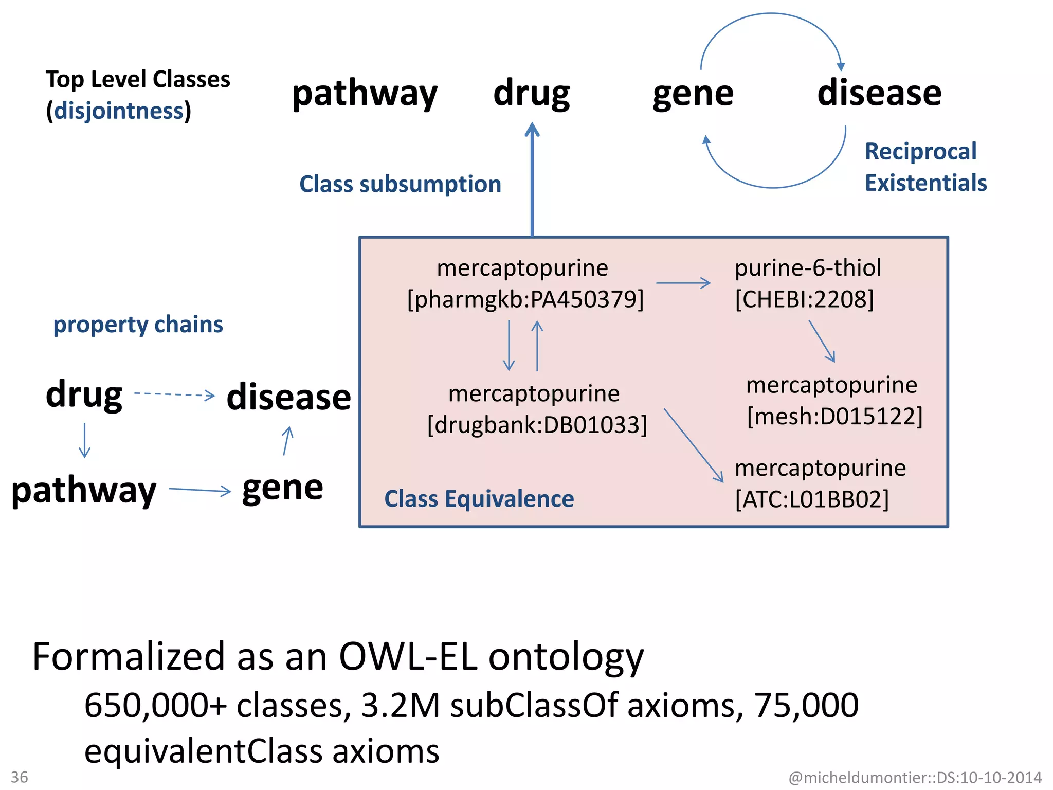 mercaptopurine
[pharmgkb:PA450379]
mercaptopurine
[drugbank:DB01033]
purine-6-thiol
[CHEBI:2208]
Class Equivalence
mercaptopurine
[ATC:L01BB02]
Top Level Classes
(disjointness)
drug diseasegenepathway
property chains
Class subsumption
mercaptopurine
[mesh:D015122]
Reciprocal
Existentials
drug disease
pathway gene
Formalized as an OWL-EL ontology
650,000+ classes, 3.2M subClassOf axioms, 75,000
equivalentClass axioms
@micheldumontier::DS:10-10-201436
 