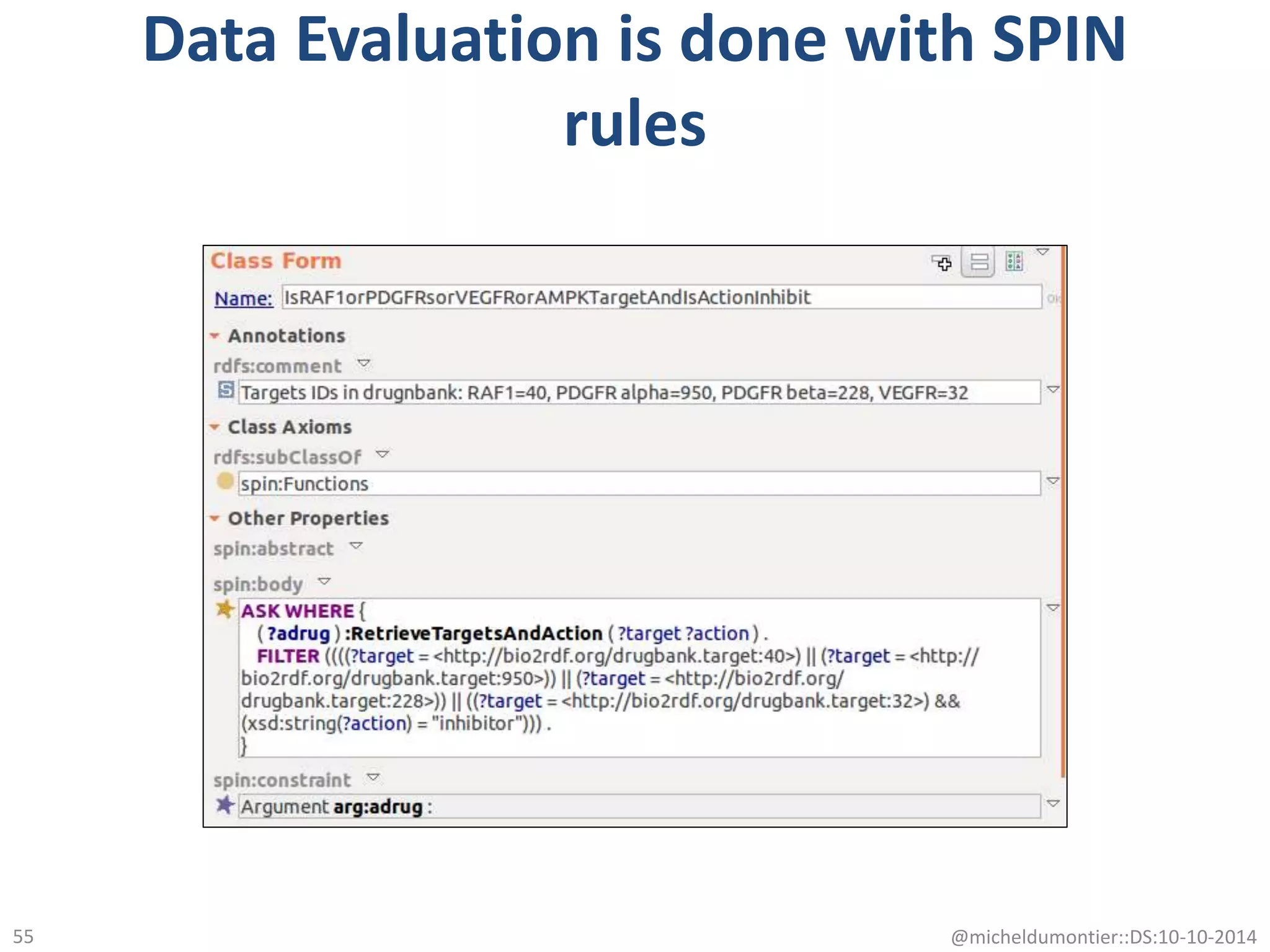 Data Evaluation is done with SPIN
rules
@micheldumontier::DS:10-10-201455
 