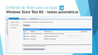 Critérios de Teste para as lojas
Windows Store Test Kit - testes automáticos
1/5/2015Luana Lobão | lulobaum@gmail.com 24
 