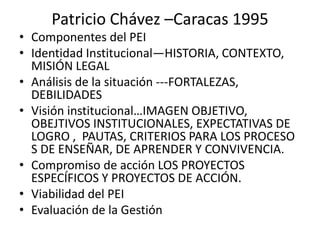 Patricio Chávez –Caracas 1995
• Componentes del PEI
• Identidad Institucional—HISTORIA, CONTEXTO,
MISIÓN LEGAL
• Análisis de la situación ---FORTALEZAS,
DEBILIDADES
• Visión institucional…IMAGEN OBJETIVO,
OBEJTIVOS INSTITUCIONALES, EXPECTATIVAS DE
LOGRO , PAUTAS, CRITERIOS PARA LOS PROCESO
S DE ENSEÑAR, DE APRENDER Y CONVIVENCIA.
• Compromiso de acción LOS PROYECTOS
ESPECÍFICOS Y PROYECTOS DE ACCIÓN.
• Viabilidad del PEI
• Evaluación de la Gestión
 