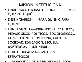 MISIÓN INSTITUCIONAL
• FINALIDAD O FIN INSTITUCIONAL ----------POR
QUÉ/ PARA QUÉ
• DESTINATARIOS-------PARA QUIÉN O PARA
QUIENES
• FUNDAMENTOS----PRINCIPIOS FILOSOFICOS,
PEDAGOGICOS, POLÍTICOS, SOCIOLÓGICOS,..
CONCPECIONES DE PERSONA, CULTURA,
SOCIEDAD, EDUCACIÓN, ESCUELA,
ASISTENCIAS, COMUNIDAD.
• ESTILO EDUCATIVO-----VALORES
ESTRÁTEGICOS.
 