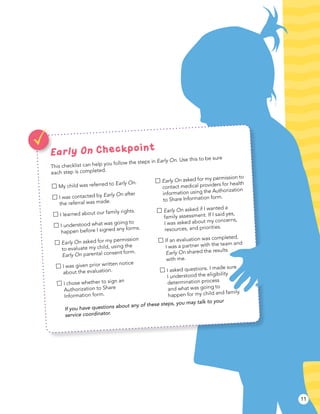11 
Early On Checkpoint 
This checklist can help you follow the steps in Early On. Use this to be sure 
each step is compl...