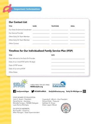 2 
Important Information 
Our Contact List 
TITLE 
TELEPHONE EMAIL 
Timelines for Our Individualized Family Service Plan (...