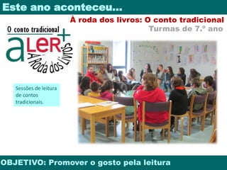 Este ano aconteceu… 
À roda dos livros: O conto tradicional 
Turmas de 7.º ano 
Sessões de leitura 
de contos 
tradicionais. 
OBJETIVO: Promover o gosto pela leitura 
 