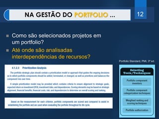 12 
NA GESTÃO DO PORTFOLIO ... 12 
Portfolio Standard, PMI, 3ª ed. 
 Como são selecionados projetos em 
um portfolio? 
 Até onde são analisadas 
interdependências de recursos? 
 