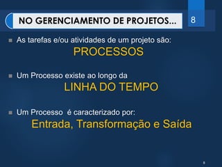 8 
NO GERENCIAMENTO DE PROJETOS... 8 
 As tarefas e/ou atividades de um projeto são: 
PROCESSOS 
 Um Processo existe ao longo da 
LINHA DO TEMPO 
 Um Processo é caracterizado por: 
Entrada, Transformação e Saída 
 