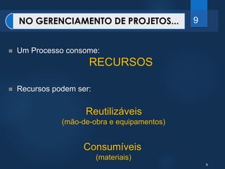 9 
NO GERENCIAMENTO DE PROJETOS... 9 
 Um Processo consome: 
RECURSOS 
 Recursos podem ser: 
Reutilizáveis 
(mão-de-obra e equipamentos) 
Consumíveis 
(materiais) 
 