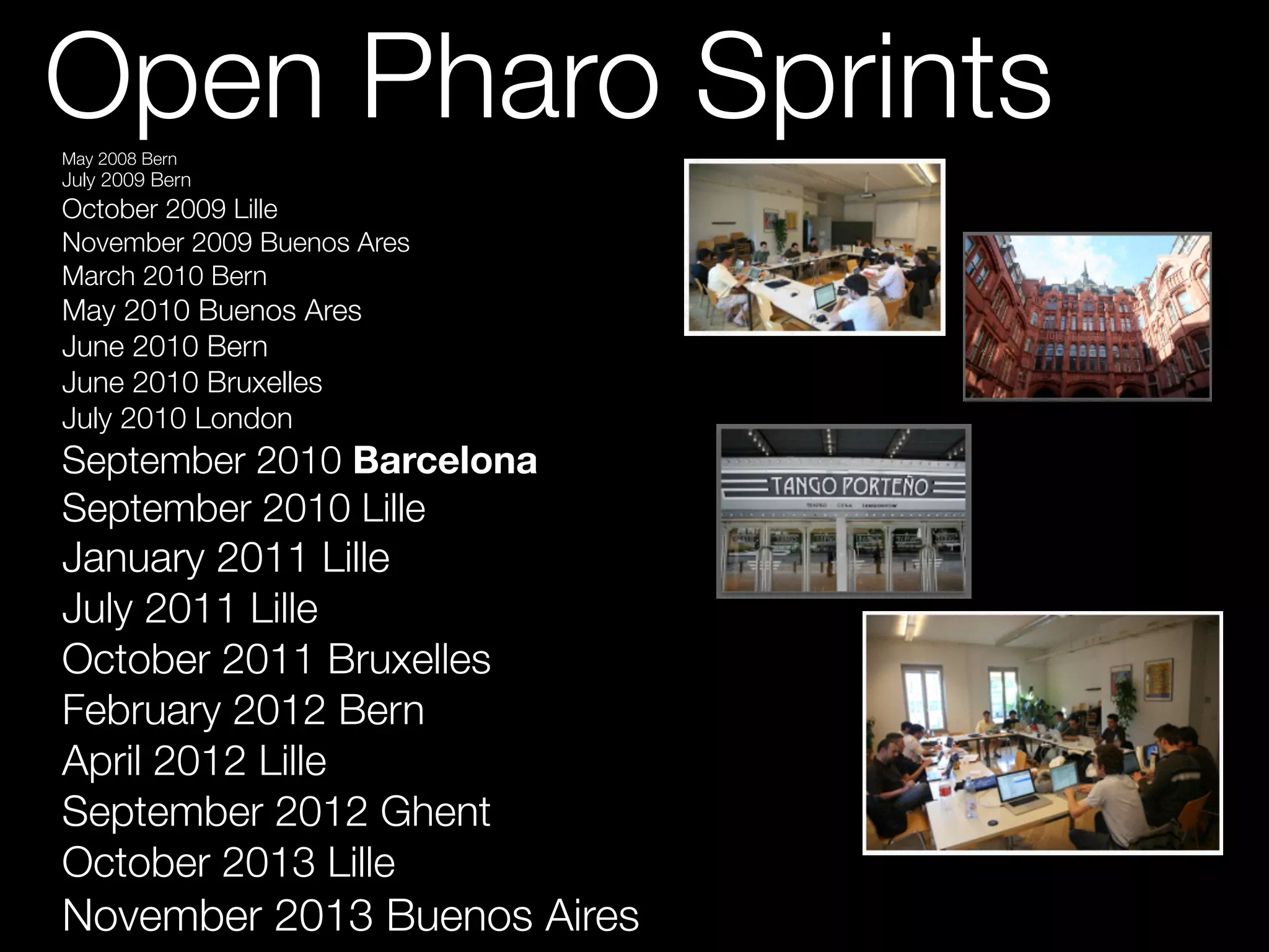 Open Pharo SprintsMay 2008 Bern
July 2009 Bern
October 2009 Lille
November 2009 Buenos Ares
March 2010 Bern
May 2010 Buenos Ares
June 2010 Bern
June 2010 Bruxelles
July 2010 London
September 2010 Barcelona
September 2010 Lille
January 2011 Lille
July 2011 Lille
October 2011 Bruxelles
February 2012 Bern
April 2012 Lille
September 2012 Ghent
October 2013 Lille
November 2013 Buenos Aires
 