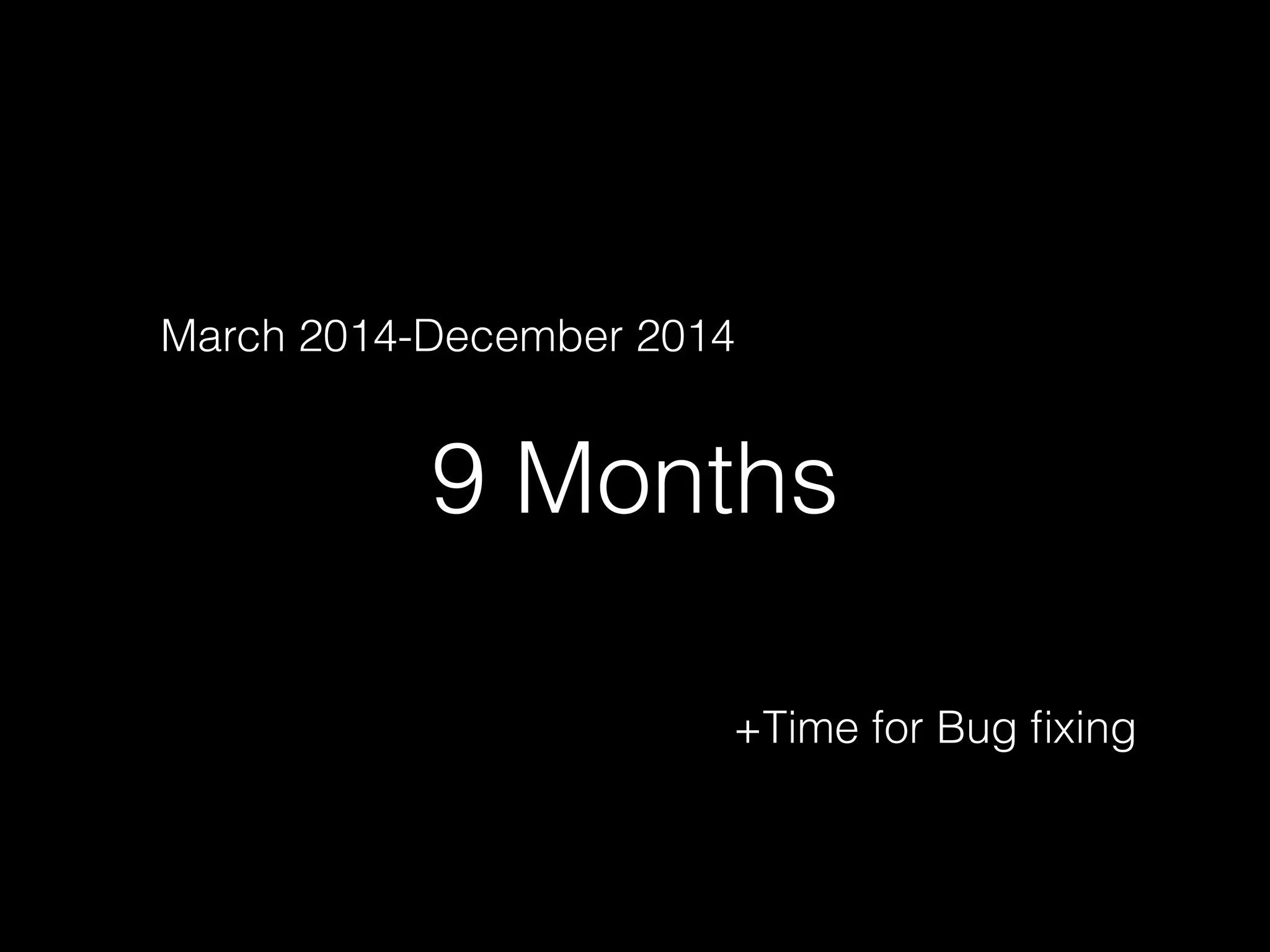 9 Months
March 2014-December 2014
+Time for Bug ﬁxing
 