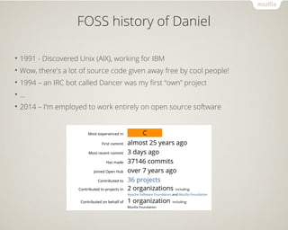FOSS history of Daniel 
• 1991 - Discovered Unix (AIX), working for IBM 
• Wow, there's a lot of source code given away free by cool people! 
• 1994 – an IRC bot called Dancer was my first “own” project 
• ... 
• 2014 – I'm employed to work entirely on open source software 
 