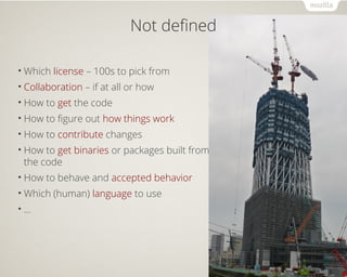 Not defined 
•Which license – 100s to pick from 
• Collaboration – if at all or how 
• How to get the code 
• How to figure out how things work 
• How to contribute changes 
• How to get binaries or packages built from 
the code 
• How to behave and accepted behavior 
•Which (human) language to use 
• ... 
 